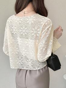 FRIFUL Áo crop top họa tiết hoa khoét lỗ ngắn màu mơ cho nữ, cổ tròn rộng, áo khoác ngoài thường ngày cho mùa xuân và mùa hè, áo dài tay cho nữ - Màu be - Xem 6