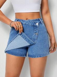 SHEIN Tall Women's Fashion Asymmetric Wrap Washed Denim Skort - Medium Wash - View 6