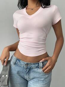 SHEIN BASICS Casual Solid Color V-Neck Short Sleeve Fitted Women T-Shirt