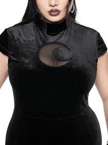 ROMWE Goth Plus Size Moon Hollow Embroidery Velvet High Slit Dress - Black - View 2