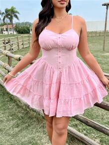 Flirla 大码女式休闲度假可爱甜美粉色水钻腰部可调节肩带连衣裙，春夏