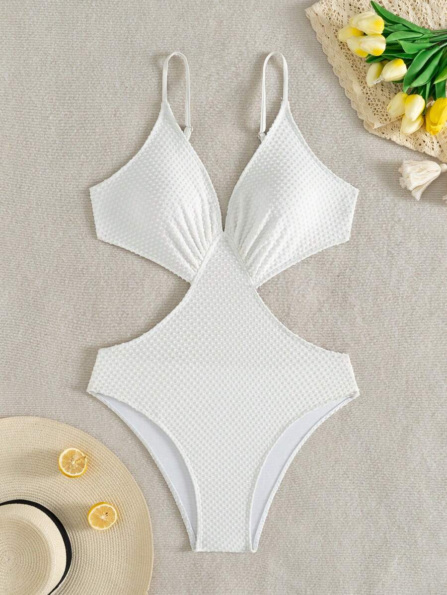 SHEIN VCAY 1 件简约纯白色泳衣，适合海滩度假 - 白色 - 查看 1