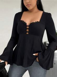 Flirla 大码性感 T 恤，带花卉蕾丝边和喇叭袖 女士优雅上衣 女士优雅上衣 女士黑色上衣 - 黑色 - 查看 1