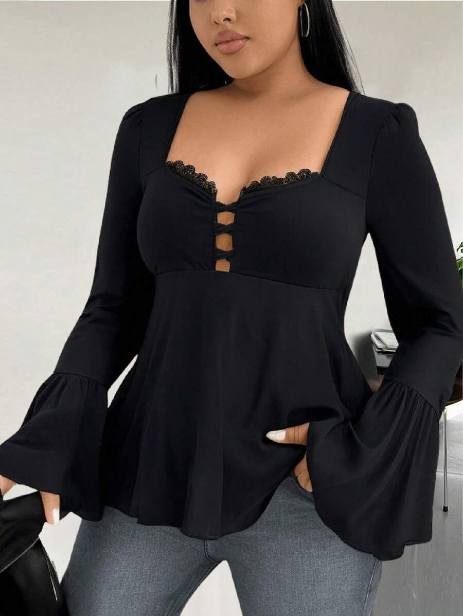 Flirla 大码性感 T 恤，带花卉蕾丝边和喇叭袖 女士优雅上衣 女士优雅上衣 女士黑色上衣 - 黑色 - 查看 1