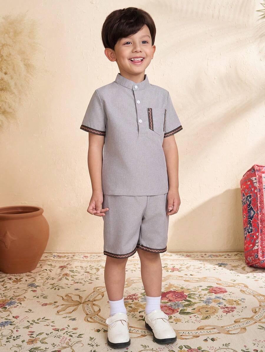 2pcs/Set Young Boy Striped Tape Trim Short Sleeve Top And Shorts Set - White - View 1
