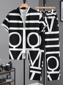 Manfinity Homme 2pcs Men's Front Button Short Sleeve Printed Casual Top And Pants Set - Black and White - View 3