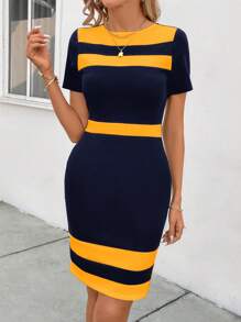 SHEIN Clasi 女士休闲通勤拼色条纹紧身连衣裙 - 彩色 - 查看 4