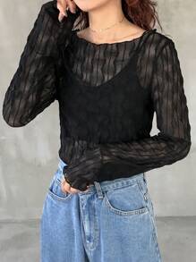 FRIFUL 女式黑色修身透明纹理面料圆领上衣长袖女式上衣