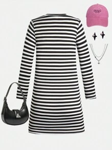 Vestido de manga larga cuello redondo para niñas preadolescentes con estampado de corazones, arcoíris y patrones climáticos a rayas, elegante y lindo, apropiado para la escuela, salir y todas las estaciones