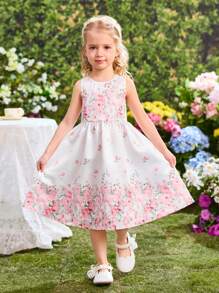 SHEIN 年轻女孩夏季优雅可爱花卉印花无袖连衣裙 - 白色 - 查看 2