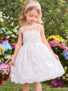 SHEIN Váy yếm ren trắng đáng yêu cho bé gái tuổi teen, mùa hè - trắng - Xem 7
