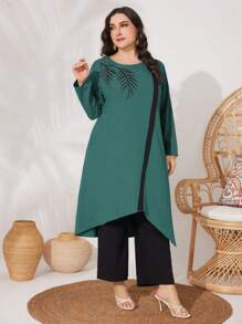 Mulvari 2 stuks/set Plus Size Casual Ronde Hals Lange Mouw Top en Broek