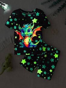 2 pièces Ensemble de pyjama short et t-shirt à manches courtes pour garçon, imprimé qui brille dans le noir, coupe ajustée
