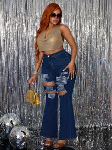 Slaydiva Plus Size Women Elastic Denim Sexy Distressed Flare Jeans - Blue - View 5