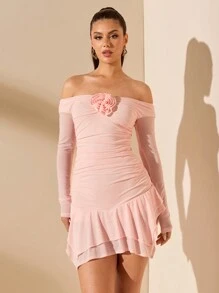 SHEIN BAE Elegant Floral Embellished Long Sleeve Pink Dress, Fall/Autumn Outfit For Casual Dates, Events, And Parties Nashville Outfits Summer Outfits For Women//Spring Clothes//Valentine's Day Outfit/Carnaval/Beach Vacation Outits