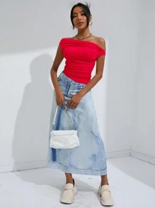 EMERY ROSE Red Solid Ruched Side Asymmetrical Neck Crop Top  - Red - View 4