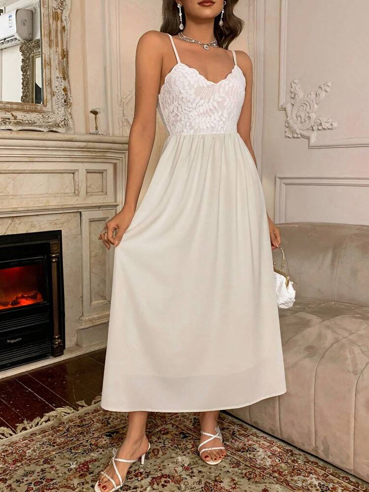 Lace Patchwork Slip Dress, Mid-Length Casual Dress For Women Prom Dress Sundress,Formal Women Dresses