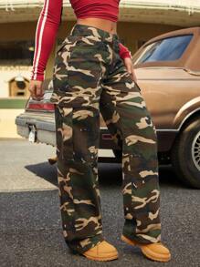 SHEIN ICON Jeans pattes d'éléphant à taille basse lavés motif camouflage pour femmes