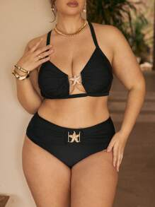 SHEIN X Sofía Suescun Swim Chiccia Plus Size Metallic Starfish Decor Adjustable Strap Swimwear Set, Suitable For Summer Beach - Black - View 3