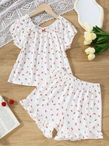 Tween Girl Fruit Print Bow Decor Short Sleeve Top And Ruffle Hem Shorts 2pcs Set, Loungewear - Multicolor - View 4
