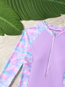 SHEIN 1 件 Tween Girl' 连体泳衣，可爱印花青少年海滩度假运动泳装 - 淡紫色 - 查看 5