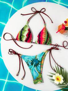 Bikini de dos piezas casual con estampado, tirantes finos y cuello de halter, para uso en la playa, para mujer en verano