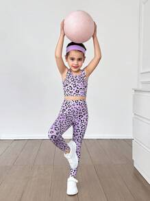 SHEIN Conjunto deportivo de top sin mangas y leggings de punto con estampado de leopardo para niñas jóvenes, de unicolor de punto, ropa de práctica elástica para niños.