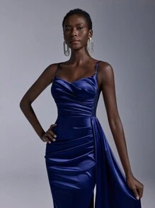 Elitara Elegant And Gorgeous Dark Blue Luxury Stretch Bright Satin Stitching Embroidered Lace Sequins V-Neck Breast Cup Pleats High Slit Fishtail Cascading Side Large Floating Pieces Decoration Suitable For Weddings, Festivals, Bachelor Parties, Graduation Evening Gowns (Heavy Industrial Style) Formal Prom Wedding Guest Dress, For Dinner Party Dress