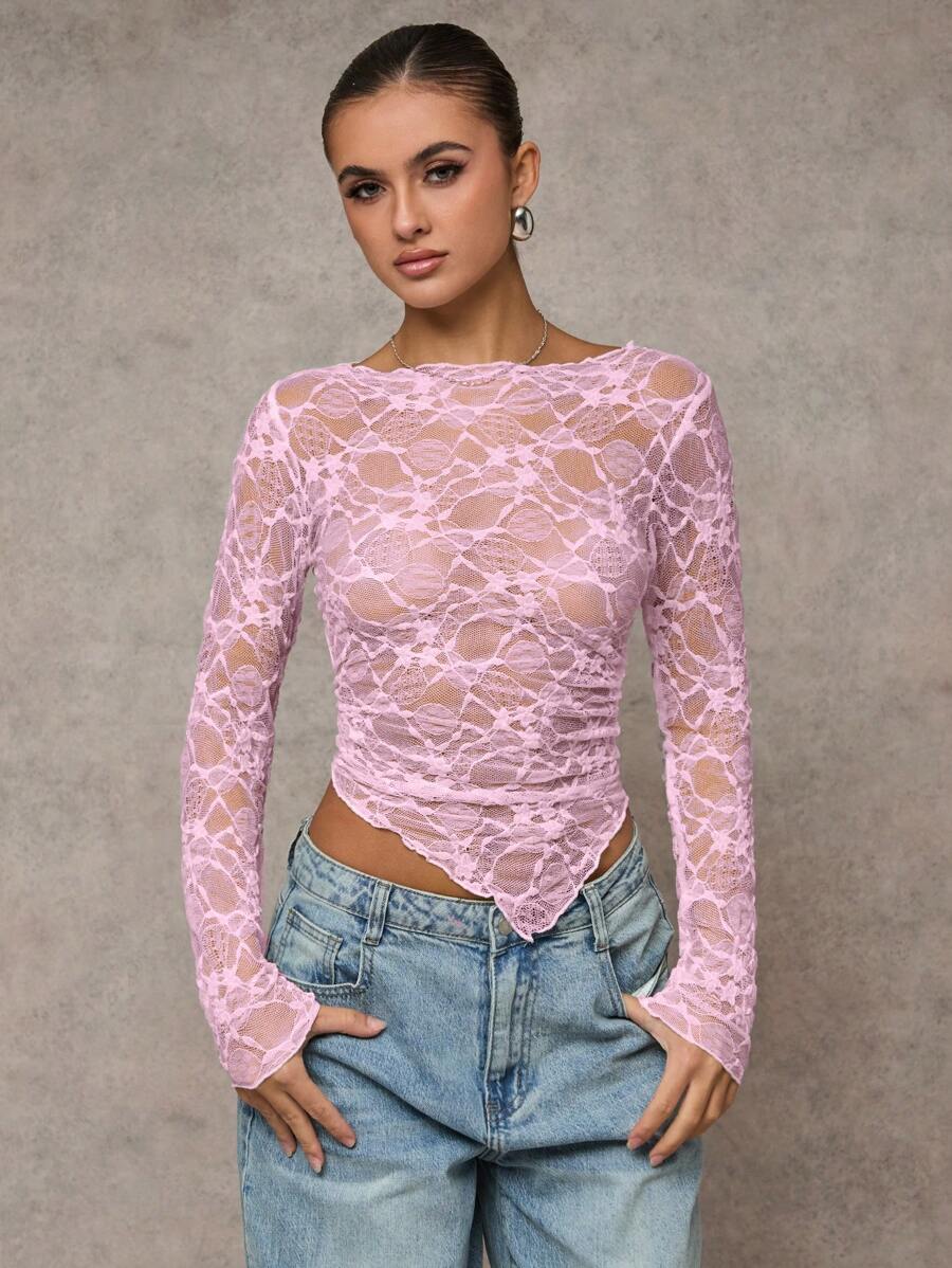 SHEIN BAE 女士纯色约会之夜/单身派对/鸡尾酒会/返校季/演唱会/锐舞派对/时尚街头出行/性感蕾丝圆领不对称下摆透视上衣/长袖蕾丝上衣/蕾丝长袖/性感上衣 - 淺粉色 - 查看 1