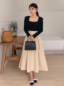 DAZY Women's Elegant Commuter Solid Color Pleated Mid-Length A-Line Skirt Fall Skirts - Pink - View 3