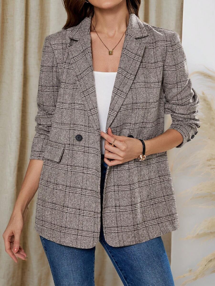 SHEIN Clasi Winter Elegant Women's Long Sleeved Flip Collar Retro Plaid Pattern Blazer - Multicolor - View 1