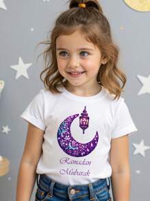 Ramadan Young Girl Casual Fashionable Creative Holiday Style Cartoon Cute Decorative Moon Light Pattern Print Casual Basic Short Sleeve Top, Mommy And Me Matching (2 Pieces Sold Separately) - White - View 3