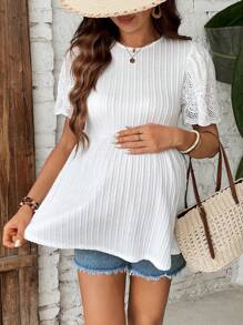 SHEIN Pregnant Women Solid Color Round Neck Short Sleeve Simple Casual T-Shirt With Shell Trim - White - View 4