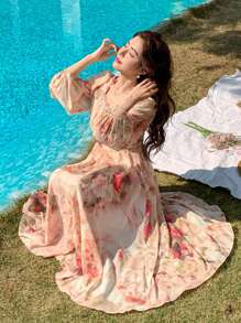 DAZY Vestido casual de manga larga hasta la rodilla con cuello en V y estampado floral, con volantes, vestido de otoño para mujer