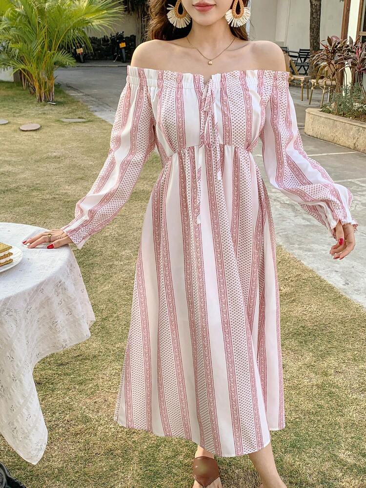 1pc Women's Floral Print Off Shoulder Tie-Up Slit Midi Dress,Fall Dress Long Sleeve Dress Boho