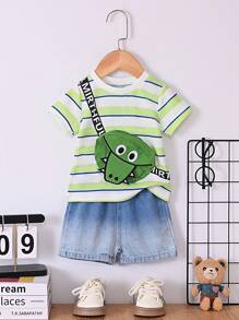 SHEIN 2 piezas Conjunto casual de verano para niño, camiseta de manga corta cuello redondo con estampado de cocodrilo y bolsa a rayas verde, blanco y azul + pantalones cortos de mezclilla de unicolor, cómodo y adecuado para uso diario, escuela, exterior, viajes, hogar, deportes - Azul - Ver 6