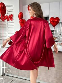 Lace Patchwork Deep V-Back Faux Silk Cami Nightgown And Robe Set