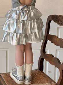 Dazy Kids Young Girl Solid Color Pleated Minimalist Casual Skirt, Vacation - Silver - View 2