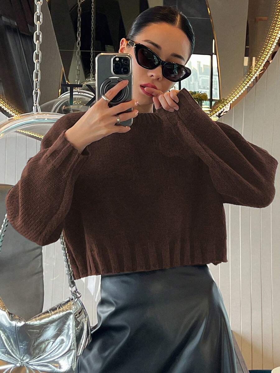 DAZY Women Solid Color Round Neck Loose Casual Pullover Sweater,Fall Clothes - Coffee Brown - View 1