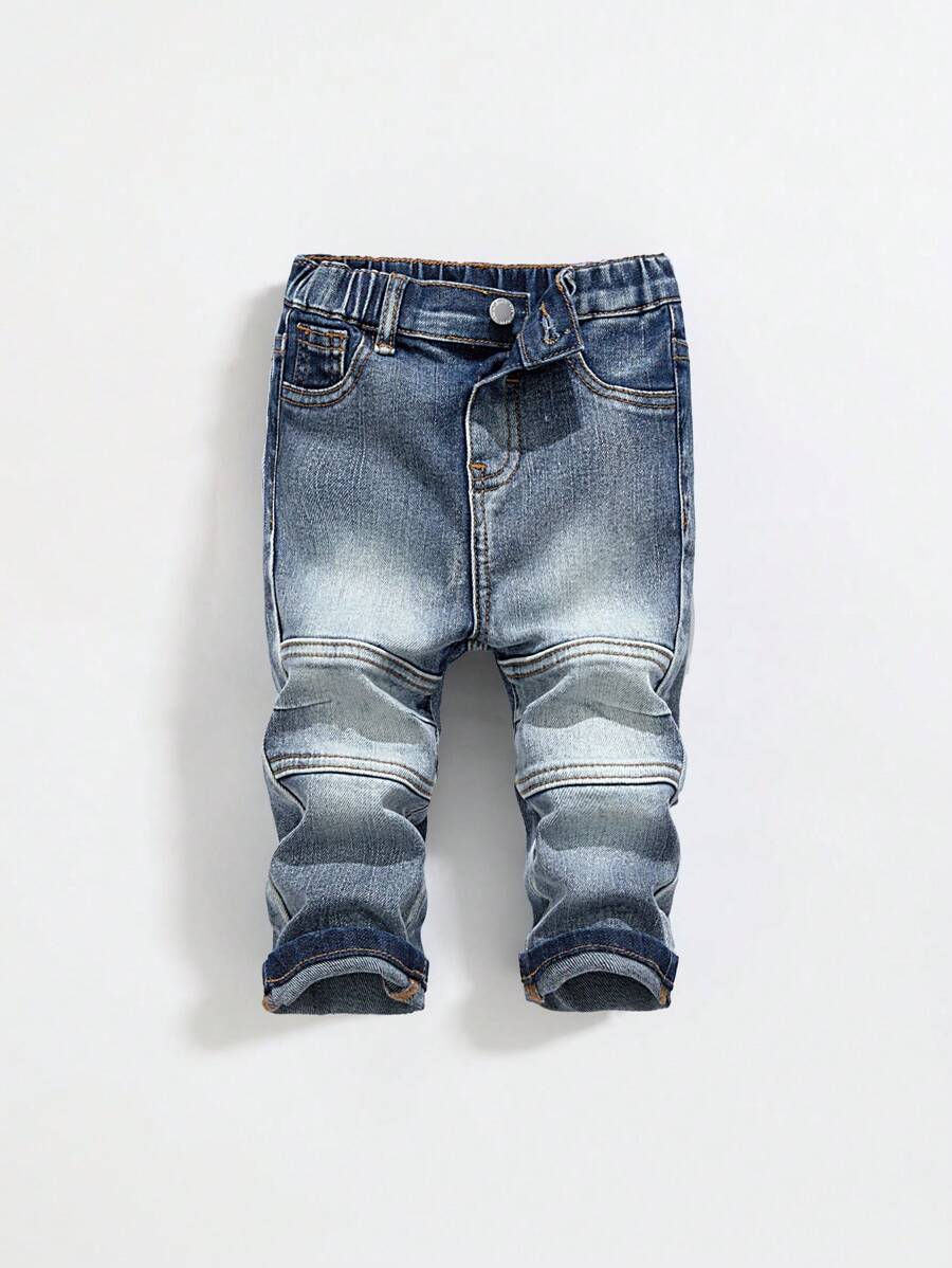 SHEIN Calça Denim Azul Skinny com Desenho de Costura Dividida de Alta Elasticidade Lavado com Pedra, para Bebês Meninos, Roupas Internas/Externas para Bebês Meninos no Outono e Inverno - Lavagem Média - Visão 1