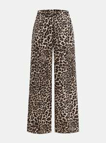 SHEIN Girlism Tween Girl Solid Knit Crew Neck Short Sleeve Top And Leopard Print Wide Leg Pants Set - Black - View 8