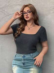 Comfortcana Plus Size Women's Acid Washed Look Vintage Knitted Distressed,Streetwear,Grunge ,Short Sleeve Square Neck Black T-Shirt,College Students,Spring Summer