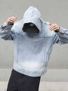 Manfinity EMRG Men's Light Blue Washed Denim Casual Loose Drop Shoulder Pullover Sweatshirt - Light Wash - View 4