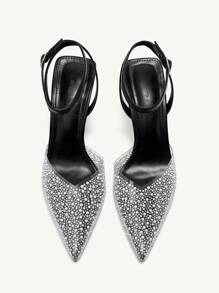 CUCCOO CHICEST 女士仿珍珠和水钻装饰黑色透明带尖头高跟凉鞋，性感优雅的圣诞节闭趾穆勒鞋