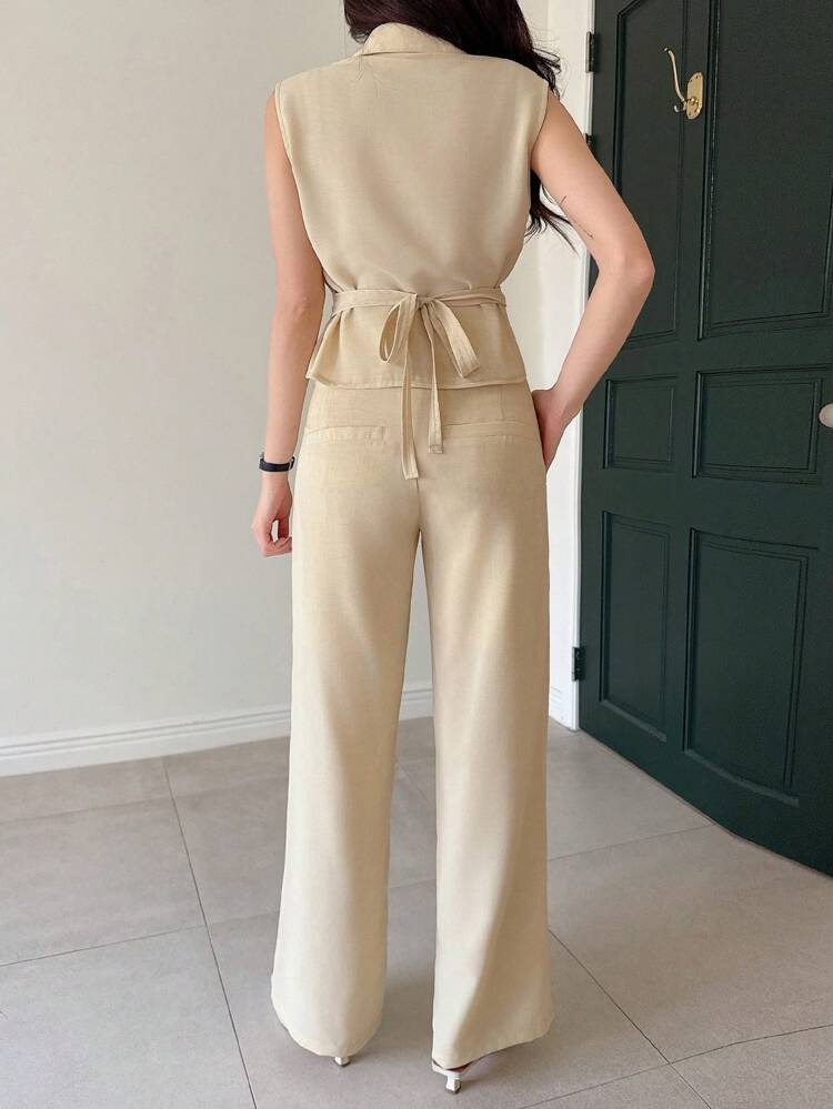 2pcs Women's Solid Color Twist Front Tie Cami Shirt And Wide Leg Pants Two-Piece Set Work Women Clothes
