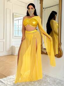 3pcs Egyptian Goddess Cosplay Shiny PU Patchwork Sheer Net Panel High Slit Plus Size Sexy Costume - Gold - View 5