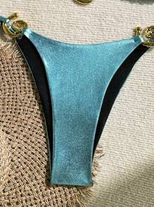 SHEIN Swim Spring Break Metallic Finish Halter Neck Tie Up Bikini Top And Cheeky Bottom Swimwear 2 Pieces Set For Women, Summer