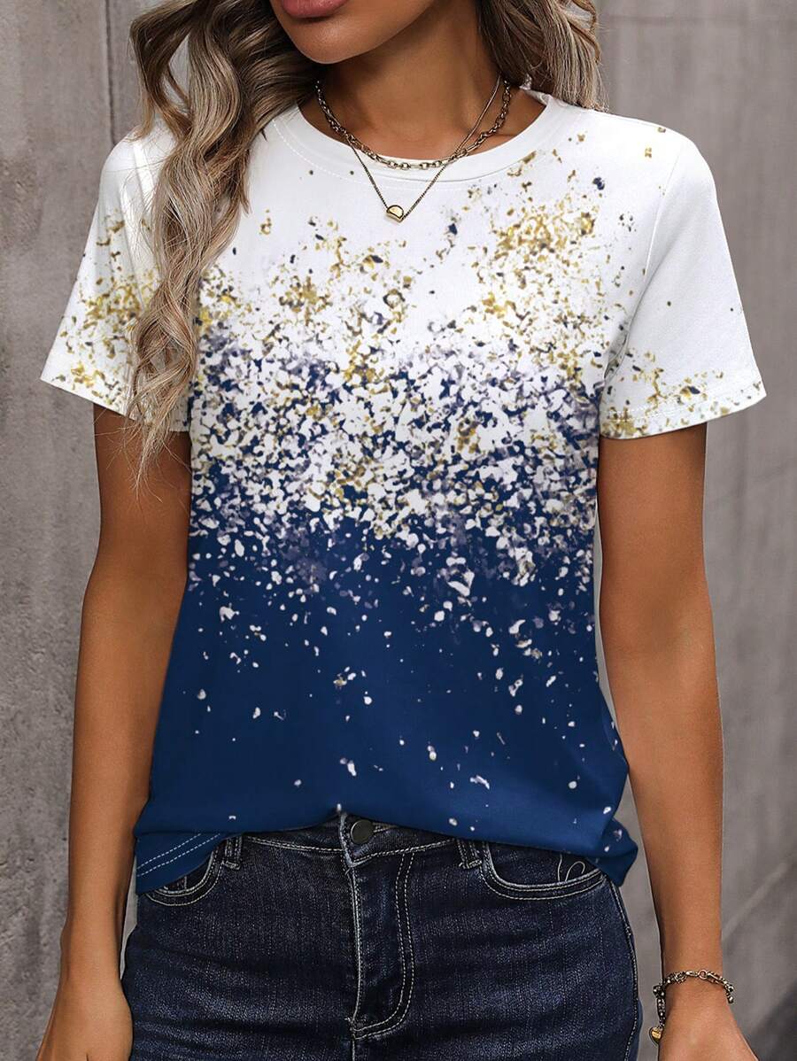 INAWLY 带全亮片印花图案的彩色 T 恤，休闲圆领短袖夏季女士 T 恤 - 彩色 - 查看 1