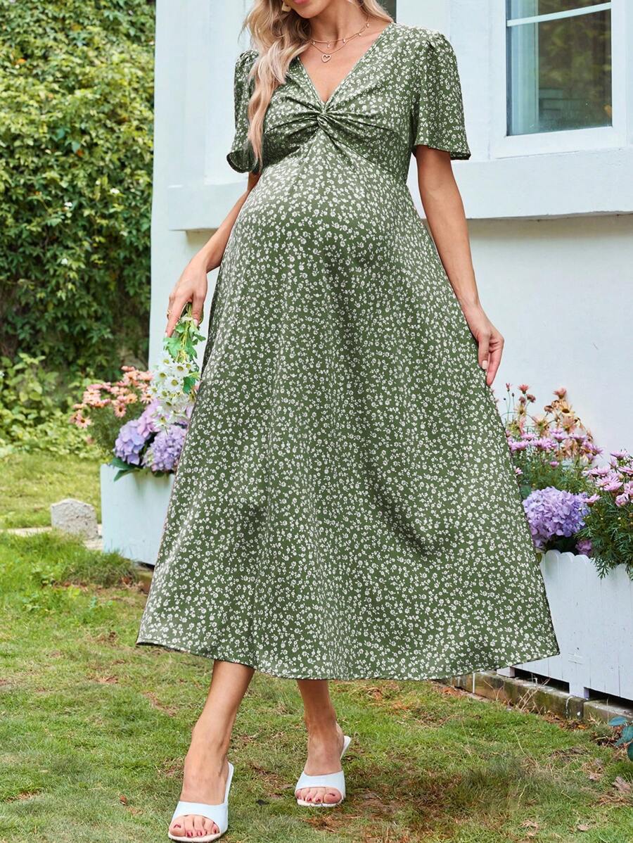 Lyckli Maternity V-Neck Short Sleeve Cinched Waist Ditsy Floral Midi Dress, Fitted Style - Green - View 1