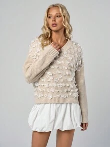 EURMUSE Women Mini 3d Floral Pattern Flower Printed V-Neck Sweater